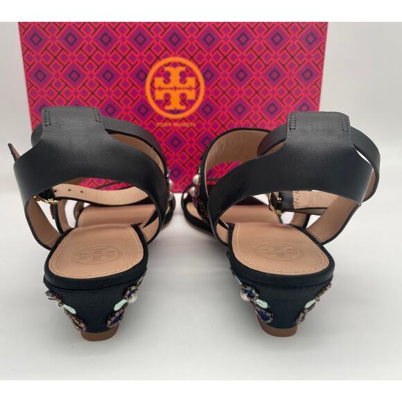 TORY BURCH BEADED BLACK WEDGE SANDALS ANKLE STRAP 7! - Picture 8 of 11